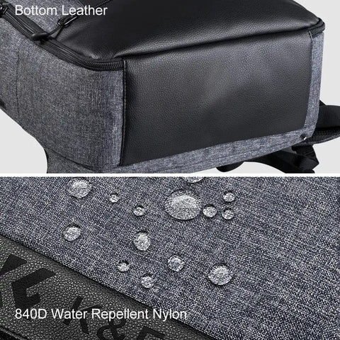 Close-up of Beast Pro Camera Backpack's bottom leather and 840D water-repellent nylon, highlighting material details.
