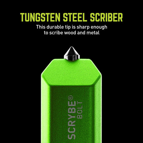 Tungsten steel scribing tip on green Scrybe multitool pen for precise marking on wood and metal, enhancing upgrades and fixes.