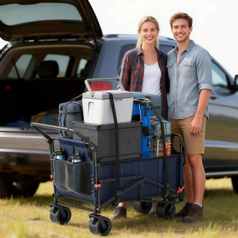 Heavy Duty Folding Wagon 2 In 1 Cart And Beach Chair with gear in open field next to vehicle, highlighting all terrain wheels and side pockets.