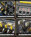 Detailed view of V8 Engine Model Kit That Runs, showcasing turbocharger, piston movement, transparent cylinder, and motor drive components