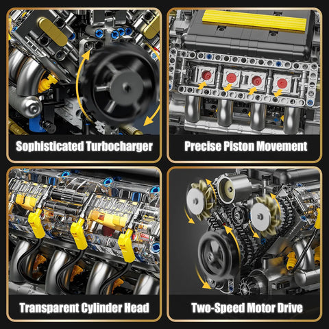 Detailed view of V8 Engine Model Kit That Runs, showcasing turbocharger, piston movement, transparent cylinder, and motor drive components
