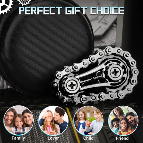 Sprocket Fidget Bike Chain Hand Roller For Anxiety Relief And Sensory Fun with gift packaging next to metal roller.