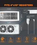 Ultra Quiet Floor And Wall Register Booster Fan With Five Speeds And Smart Tech Delivers Big Time Airflow Boost Up To 132 CFM When Back Pressure Blocks Air No HVAC Mods Needed Perfect For Hot Or Cold Rooms - product dimensions and fan features displayed