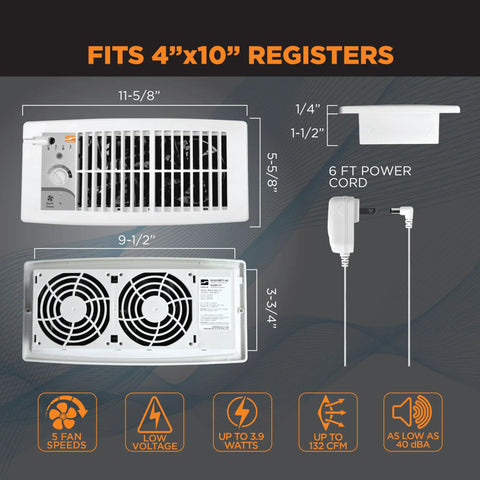 Ultra Quiet Floor And Wall Register Booster Fan With Five Speeds And Smart Tech Delivers Big Time Airflow Boost Up To 132 CFM When Back Pressure Blocks Air No HVAC Mods Needed Perfect For Hot Or Cold Rooms - product dimensions and fan features displayed