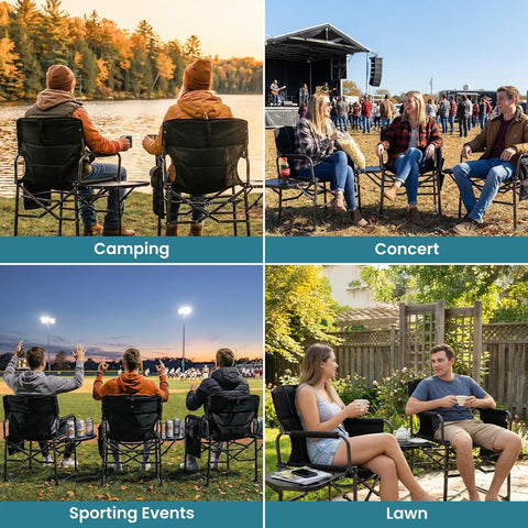Oversized Folding Chair For Outdoors With All Day Comfort And Fully Padded Seat And Back, 450Lbs Heavy Duty Portable Camp Chair With Side Table And Pockets used for camping, concerts, sporting events, and lawn relaxation.