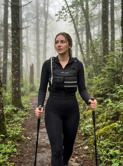 Person hiking in forest wearing 12L Hydration Running Vest for Men With On the Go Storage for Running and Cycling