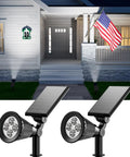 Two Pack Solar Outdoor Spotlights Waterproof for Flags, Trees, Statues, featuring LED landscape lights illuminating a porch and flag