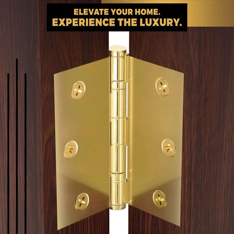 Beefy Heavy Duty Ball Bearing Solid Brass Door Hinges Set Of 24, 3.5 By 3.5 Inches, Non Lacquered Gold Finish, installed on door