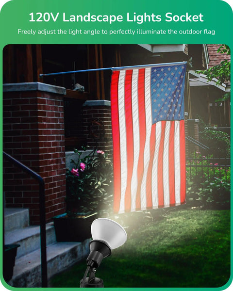Outdoor 120V LED Flood Lights Plug In Waterproof Landscape Spotlight with flag illuminated, adjustable head, and E26 base.