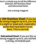 Text explaining how to differentiate between 304 stainless steel and galvanized steel using a strong magnet test.