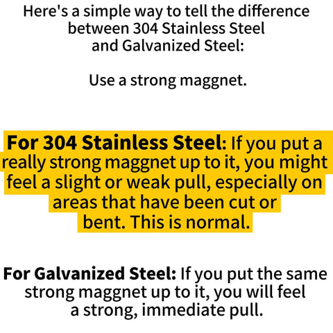 Text explaining how to differentiate between 304 stainless steel and galvanized steel using a strong magnet test.