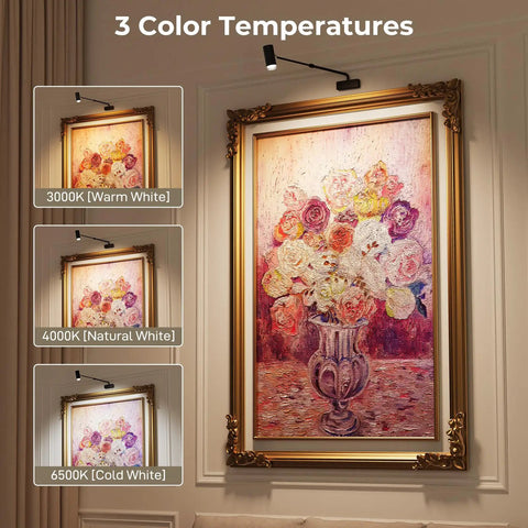 Battery Operated Picture Light With Telescoping Arm, Adjustable 7.8 To 13.8 Inches, Silver Finish, illuminating artwork with color temperature options