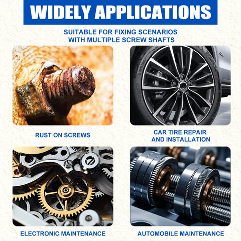 Image showing various applications: rust on screws, car tire, electronic components, and mechanical parts for maintenance uses.