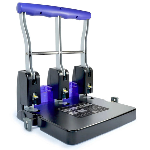 Heavy Duty Three Hole Puncher With 100 Sheet Capacity Self Centering Guide And Ergonomic Grip For Office Home And Print Shops Black And Purple Workhorse Performance