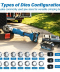Tough As Nails Electric Battery Hydraulic Cable Lug Crimping Pliers With 17 Interchangeable Dies displayed with dies and battery.