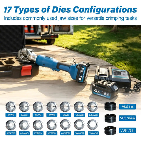 Tough As Nails Electric Battery Hydraulic Cable Lug Crimping Pliers With 17 Interchangeable Dies displayed with dies and battery.