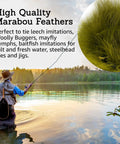 Fishing scene with Go To Marabou Feathers For Fly Tying Bundle Soft Natural Marabou visible in close-up inset.
