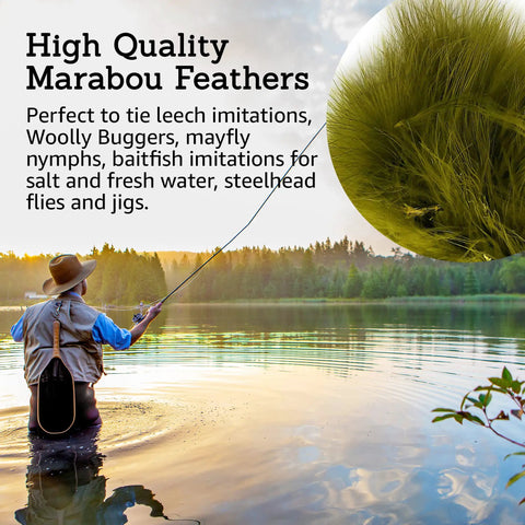Fishing scene with Go To Marabou Feathers For Fly Tying Bundle Soft Natural Marabou visible in close-up inset.