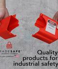 Adjustable Flanged Ball Valve Lockout For Two Inch To Four And One Half Inch Flanges Red Polypropylene Valve Lock displayed in hands