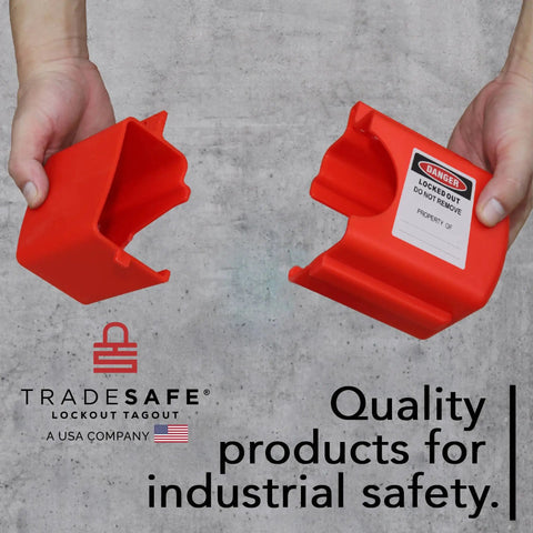 Adjustable Flanged Ball Valve Lockout For Two Inch To Four And One Half Inch Flanges Red Polypropylene Valve Lock displayed in hands