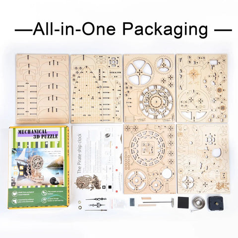 Pirate Ship Mechanical Clock Puzzle Kit For Adults And Teens, DIY Wood Craft Model That Builds Into A Fully Working Clock, Nautical Home Decor Gift, Unique Desk Shelf Art And Hands On Timepiece. Wooden pieces and box layout