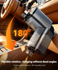 Ultra Flexible USB C Car Charger With Fast Charge For iPhone 17 16 15 Galaxy S26 Pixel And More Road Trip Essential Gift For Men And Women Dual USB C Ports PD QC 3 0 Fast Charging Cigarette Lighter Plug For Cars showing 180-degree rotation in car interior.