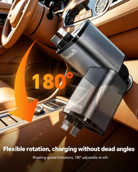 Ultra Flexible USB C Car Charger With Fast Charge For iPhone 17 16 15 Galaxy S26 Pixel And More Road Trip Essential Gift For Men And Women Dual USB C Ports PD QC 3 0 Fast Charging Cigarette Lighter Plug For Cars showing 180-degree rotation in car interior.