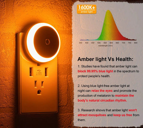 Amber Night Light Plug In Dusk To Dawn Sensor Night Light With Amber Glow And Blue Light Blocking No Fuss Auto Energy Efficient LED Night Lights 2 Pack For Bathroom Bedroom Kitchen Hallway illuminating wall.