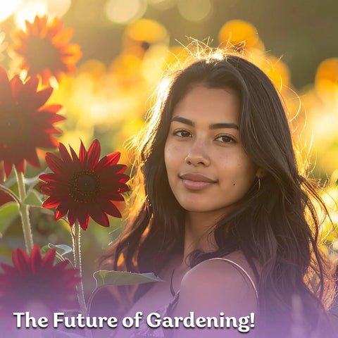 Woman in field with blooms of Chocolate Cherry Sunflower Seeds For Planting Heirloom Non GMO Organic Variety Easy Grow Tall Plants