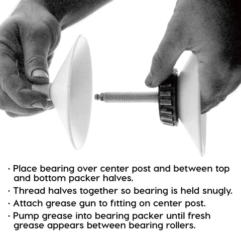 Universal Bearing Packer being assembled, showing steps for attaching to grease gun for half inch ID and 4-3/8 inch OD bearings.