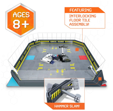 Hella Entertaining BattleBots Arena Remote Control Robot Building Kit With Twenty Plus Pieces Boss Level STEM Project For Girls Boys Seven Plus Totally Sick Combat Action Set showing interlocking floor tiles and robot combat.