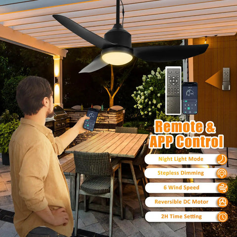 42 Inch Outdoor Ceiling Fan With Light Black Waterproof Gazebo Hangin Fan For Patios And Porches Remote And App Control Plug In 6 Speed Reversible DC Motor Weatherproof For Indoor And Outdoor Use Easy Install in use on patio at night