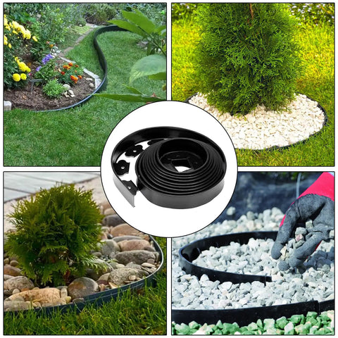 No Dig Lawn Edging Kit 40 Ft Landscape Border with Stakes for lawn garden flower beds, showing flexible PE edging installation.
