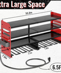Power Tool Organizer Wall Mount With Charging Station 4 Layer Heavy Duty Metal Cordless Tool Rack With 8 Drill Slots And Hammer Screwdriver Holders Garage Ready Tool Storage Shelf Red Pro, 33.2in wide view.