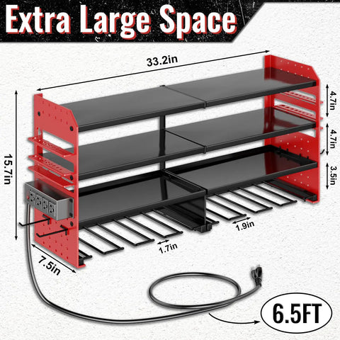Power Tool Organizer Wall Mount With Charging Station 4 Layer Heavy Duty Metal Cordless Tool Rack With 8 Drill Slots And Hammer Screwdriver Holders Garage Ready Tool Storage Shelf Red Pro, 33.2in wide view.