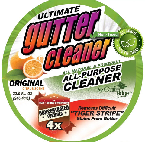 Label of Gutter Cleaner And Stain Remover Citrus Scented 32 Ounce Bottle That Packs A Punch Non Toxic All Natural Formula Safe