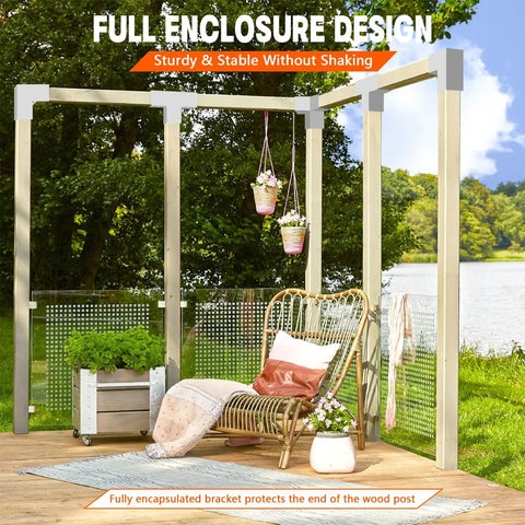 Heavy Duty Pergola Bracket Kit With 2 Way L Shaped Corner Brackets For 4x4 Wood Beams Indoor Outdoor White Galvanized Steel With Matte Black Powder Coat Hardware Included For Easy DIY Gazebo Proch Or Log Cabin Projects Built To Last