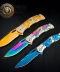 Three Titanium Plated Wolf 3D Relief Handle Folding Pocket Knives with Dope 440 Steel Blade, 3.6 Inch EDC, in diverse finishes