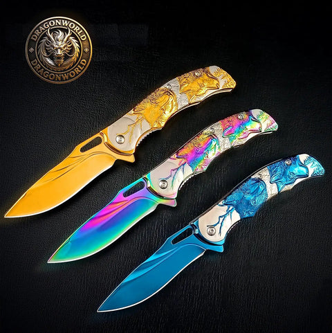 Three Titanium Plated Wolf 3D Relief Handle Folding Pocket Knives with Dope 440 Steel Blade, 3.6 Inch EDC, in diverse finishes