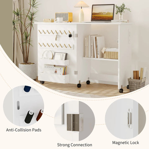 Totally Legit Folding Sewing Table With Quick Charge Port And Smooth Rolling Base Space Saving Craft Desk featuring storage and pegs.