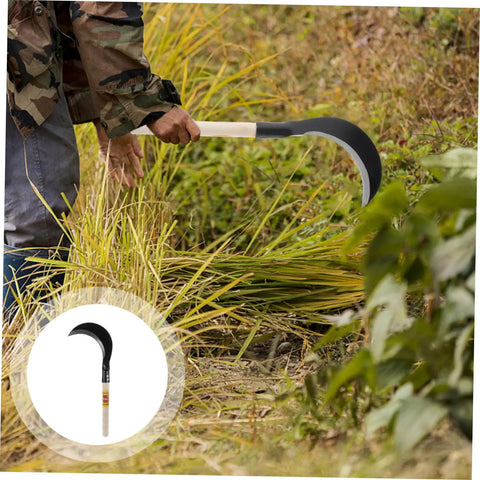 Gardener using Multi Purpose Manganese Steel Garden Tool With Wooden Handle For Grass Cutting, Weeding, and Harvesting on grass.
