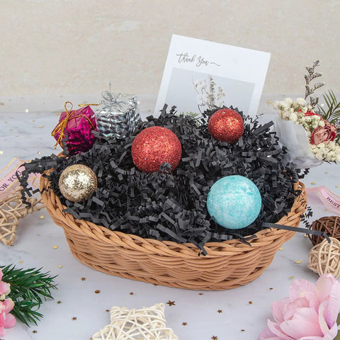 Hassle Free Black Crinkle Cut Paper Shred Filler For Gift Baskets And Boxes Smooth Cushion Wrapper with decorative balls.