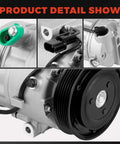Close-up view of Premium Air Conditioner AC Compressor With Clutch, showcasing connector and mounting details for Hyundai Elantra and Kia Forte.