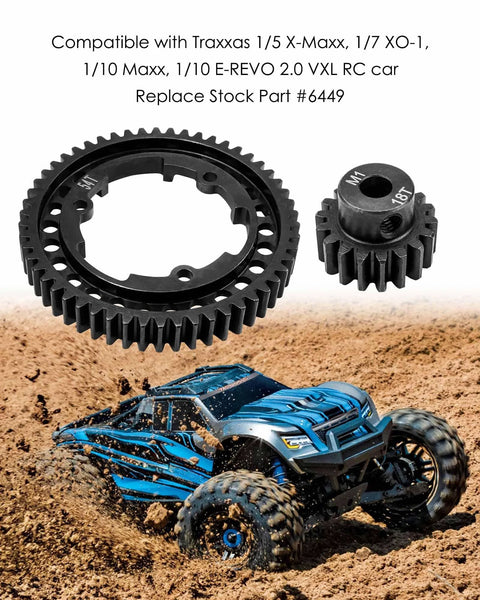 Traxxas X Maxx gear upgrade kit showing 54T spur gear and 18T pinion in action with RC car.