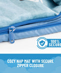 Close-up of Spiderman Slumber Bag and Pillow Set, 54 X 27 Inch Cozy Indoor Sleeping Bag zipper closure detail, blue fabric.