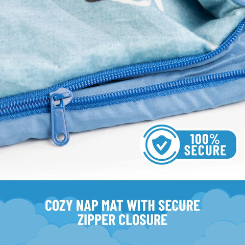 Close-up of Spiderman Slumber Bag and Pillow Set, 54 X 27 Inch Cozy Indoor Sleeping Bag zipper closure detail, blue fabric.