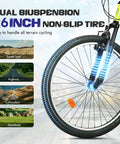 Front wheel of 26 Inch Mountain Bike For Men And Women Of All Ages With 7 Speed Drivetrain, Aviation Grade High Carbon Steel Frame, front suspension