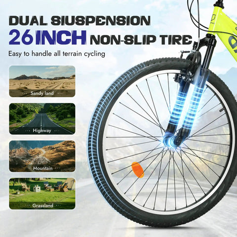 Front wheel of 26 Inch Mountain Bike For Men And Women Of All Ages With 7 Speed Drivetrain, Aviation Grade High Carbon Steel Frame, front suspension