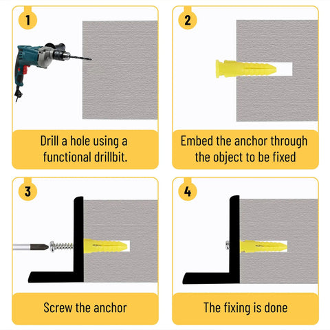 Installation steps using All In One Wall Anchors Kit With 370 Pieces For Picture Hanging And Wall Decor, showing drill, anchor insertion, and screw.