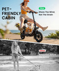 Woman riding Electric Scooter With Seat For Adults 550W Motor Foldable Commuter with pet basket and dog, coastal path